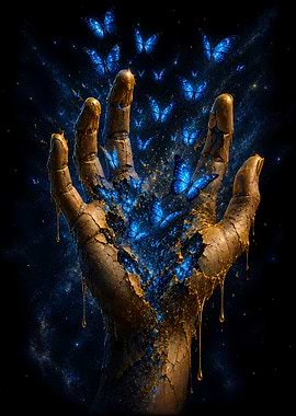 Golden Hand Releasing Blue Butterflies