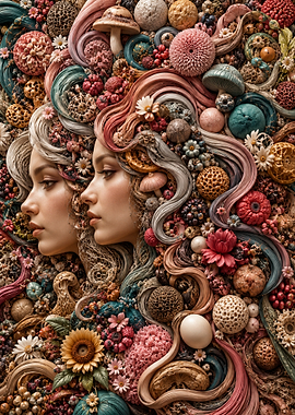 Surreal Faces Amidst Floral and Fungal Abundance