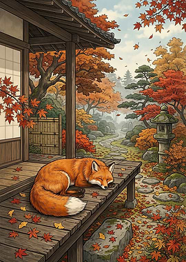 Red Fox Napping on Traditional Engawa
