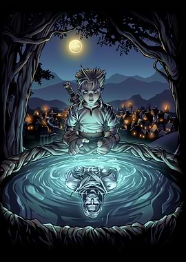 Boy's reflection in moonlit water