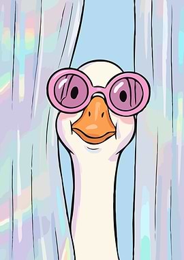 Goose Wearing Pink Sunglasses Peeking Through Curtains