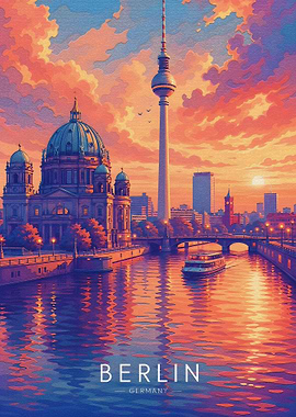 Berlin cityscape at sunset