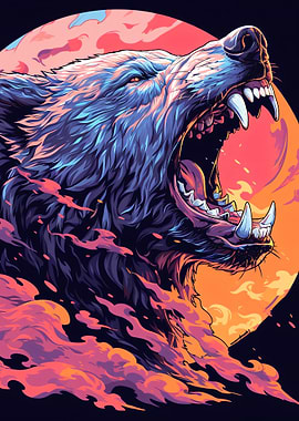 Fierce Bear Roaring with Fiery Background