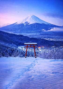 Snowy Mount Fuji with Torii Gate