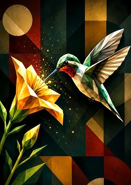 Hummingbird and Geometric Flower