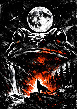 Giant Frog Overlooking Wolf and Waterfall