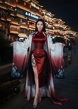 Woman in Red Dress and Kimono