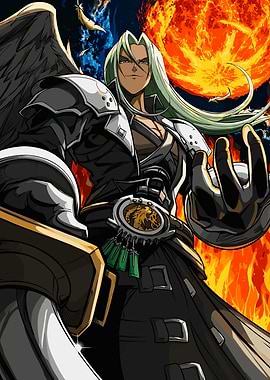 Sephiroth with Angel Wings and Fiery Background