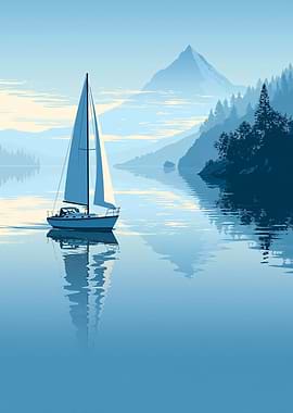 Sailboat on a serene lake with mountains