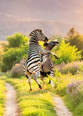 Zebras fighting in a field