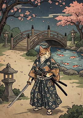 Samurai Cat in Japanese Garden