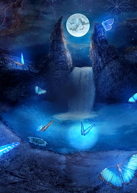 Enchanted Waterfall with Blue Butterflies