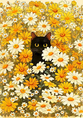 Black Cat in a Field of Daisies