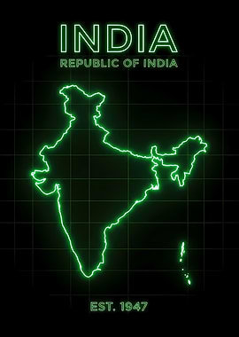 Neon India Map Outline on Black Grid Retro Futuristic