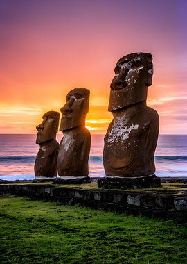 Moai Statues at Sunset