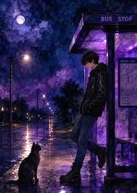 Man and Cat at Rainy Bus Stop