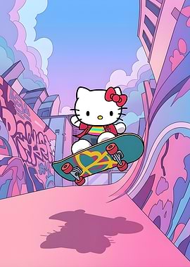 Hello Kitty Skateboarder in Cityscape