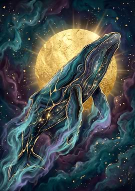 Cosmic Whale with Golden Moon