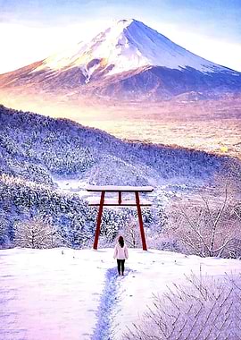 Woman at Mount Fuji Torii Gate in Winter