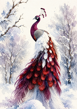 Peacock in a Snowy Forest