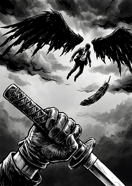 Man Falling with Black Wings and Sword