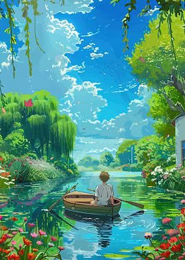 Boy in a boat on a serene river