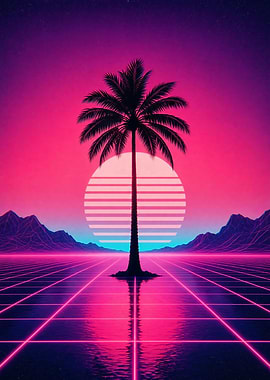 Retro Palm Tree Sunset Grid Landscape