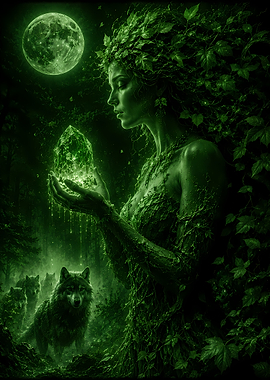 Forest Goddess with Crystal and Wolves