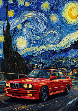 Red BMW E30 M3 in Starry Night Style