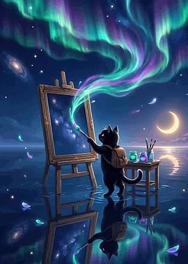 Cat Painting the Aurora Borealis