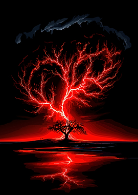 Tree Struck by Red Lightning