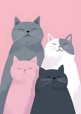 Four Cute Cats on Pink Background