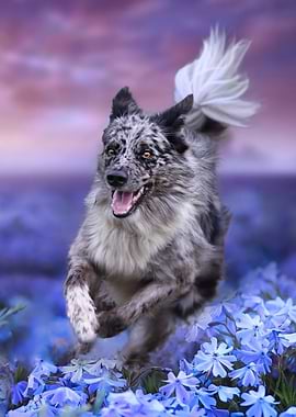 Happy Dog Running Through Flowers