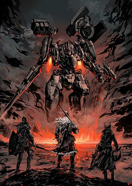 Mecha vs Knights in Fiery Landscape