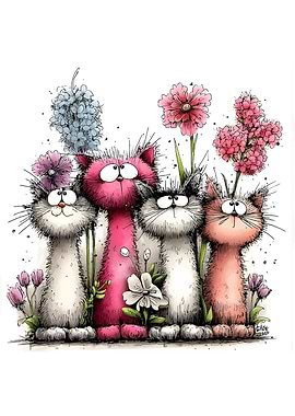 Four Whimsical Cats with Flowers