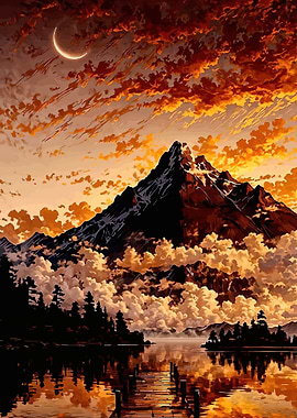 Dramatic Mountain Sunset Over Lake
