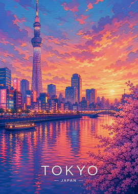 Tokyo Skytree at Sunset with Cherry Blossoms