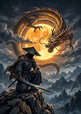 Lone Samurai Facing Dragon Under Full Moon