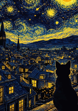 Cat silhouetted against Van Gogh-style night sky