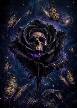 Gothic Rose Skull with Butterflies in Space