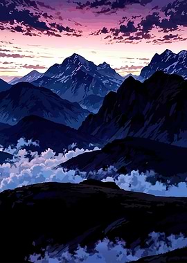 Anime Mountain Landscape at Sunset
