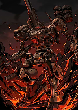 Mecha in a Fiery Landscape