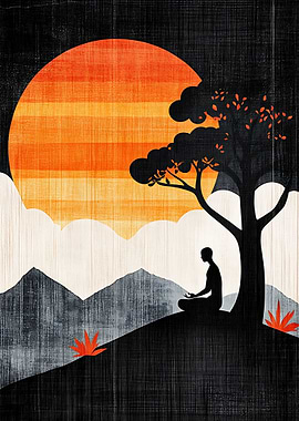 Meditating figure under a tree at sunset