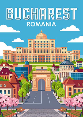 Bucharest Cityscape with Arch and Palace