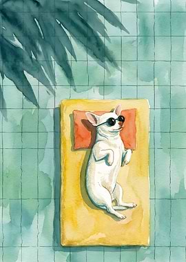 Chihuahua sunbathing by the pool