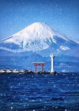 Mount Fuji in Winter with Torii Gate