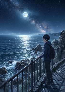 Boy Gazing at Moonlit Ocean