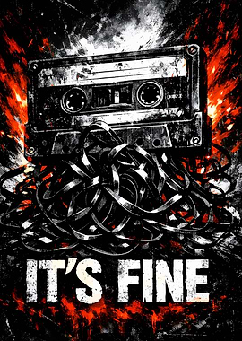 Retro Cassette Tape with Tangled Tape and Fire