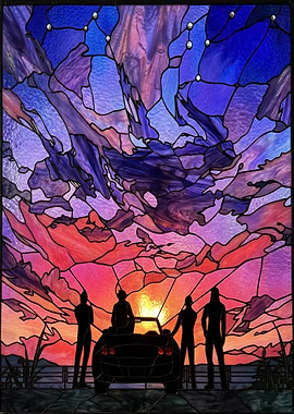 Stained Glass Sunset with Friends and Car final fantasy