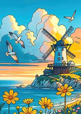 Windmill by the Sea at Sunset